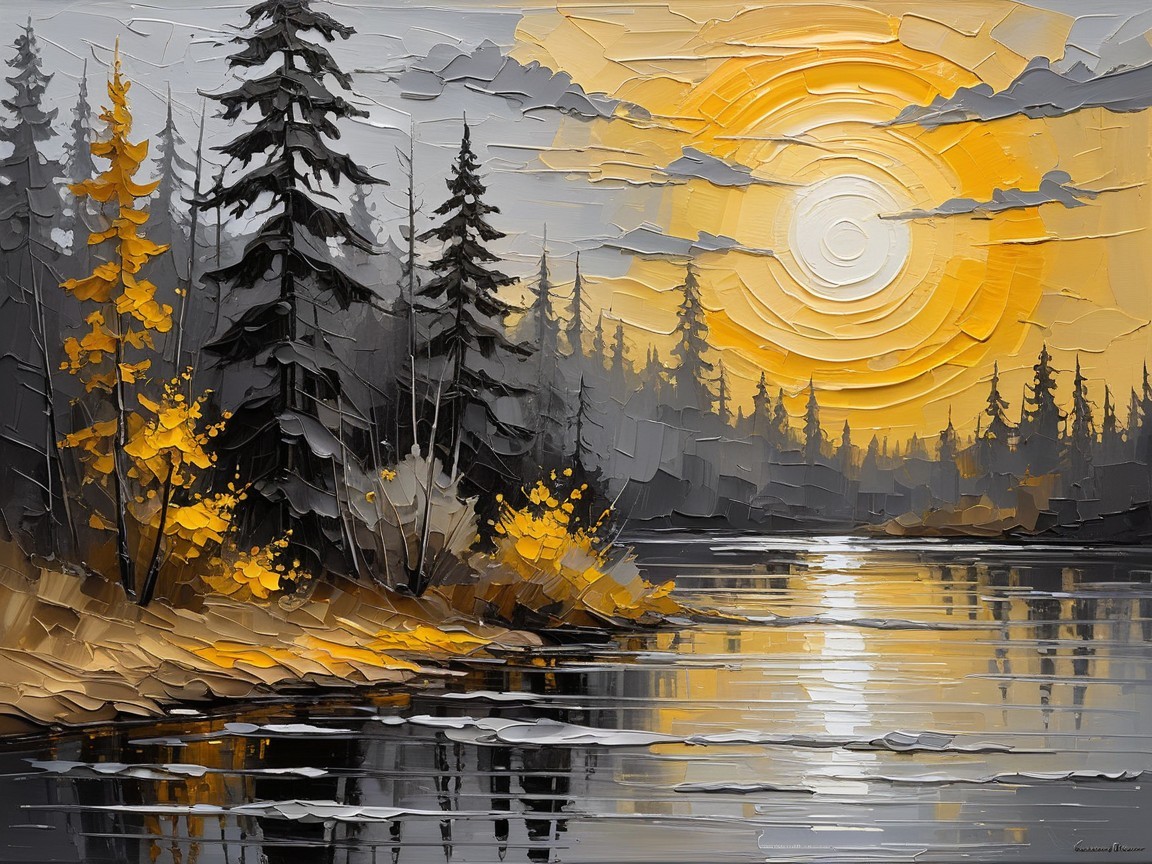 Serene Landscape with River and Setting Sun Hues