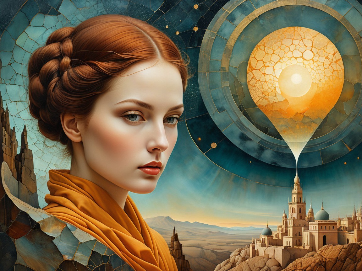 Serene Woman in Golden Fabric Against Abstract Landscape