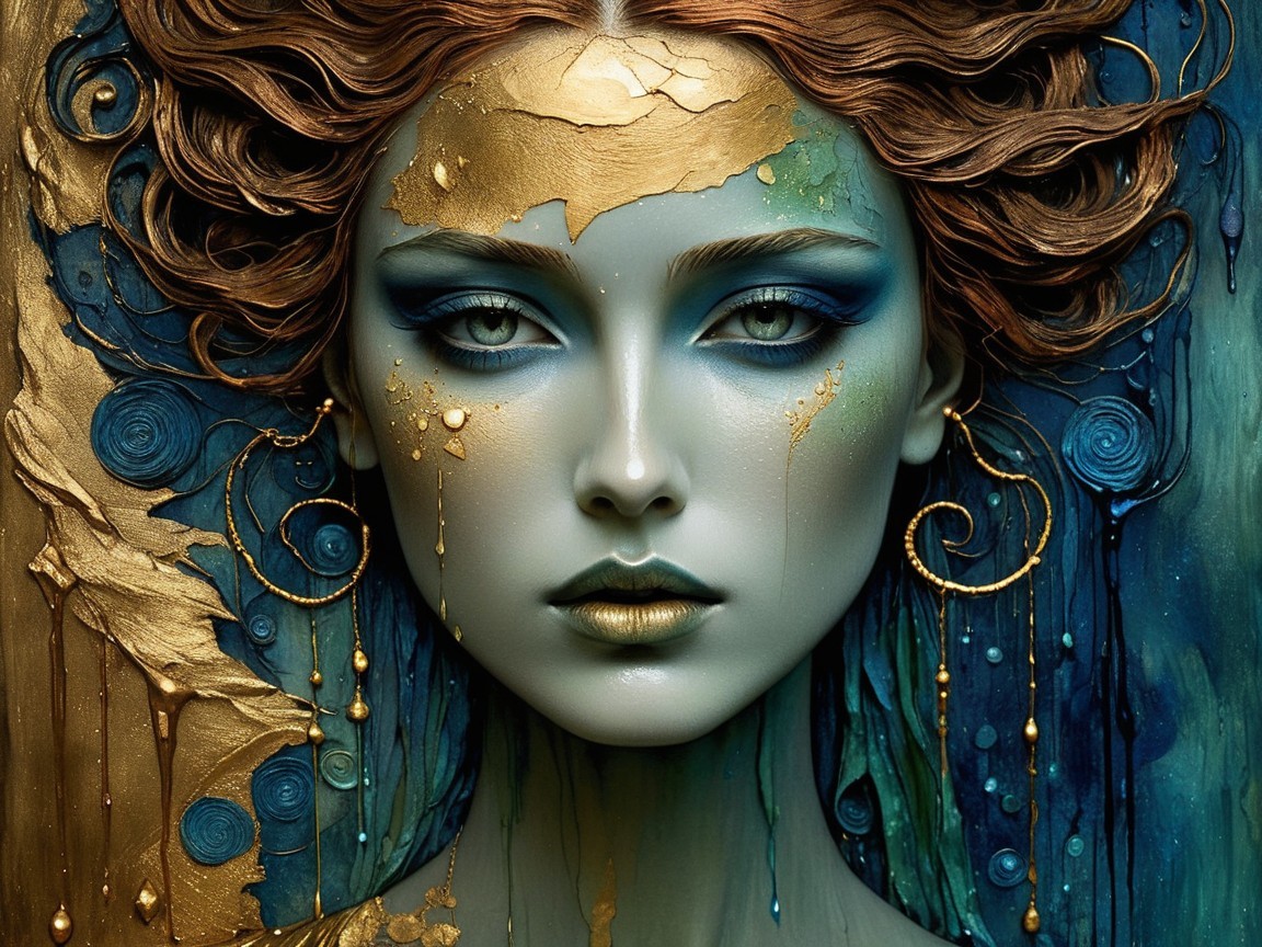 Female Figure with Flowing Hair in Gold and Blue