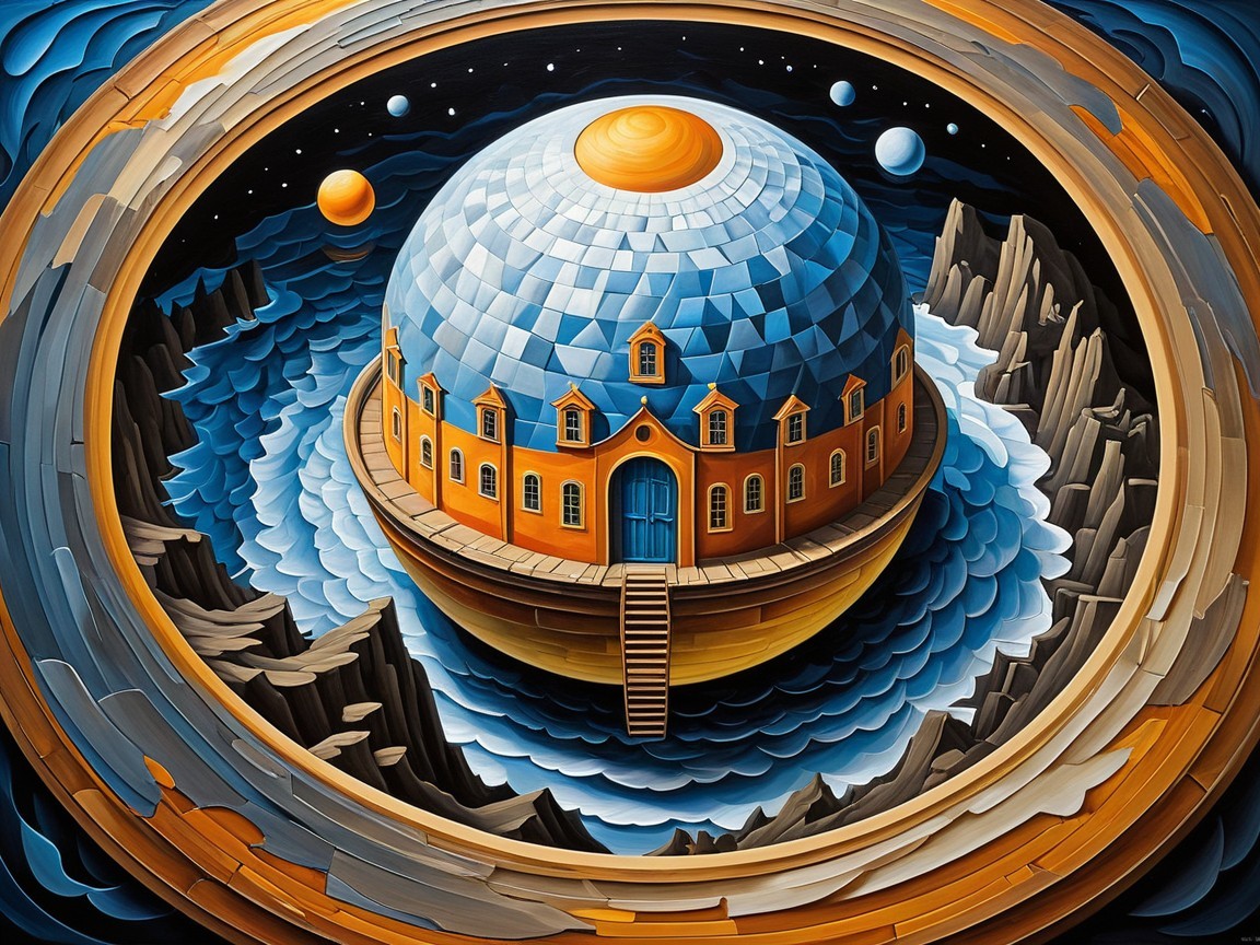 Surreal Cosmic Landscape with Domed Structure and Water
