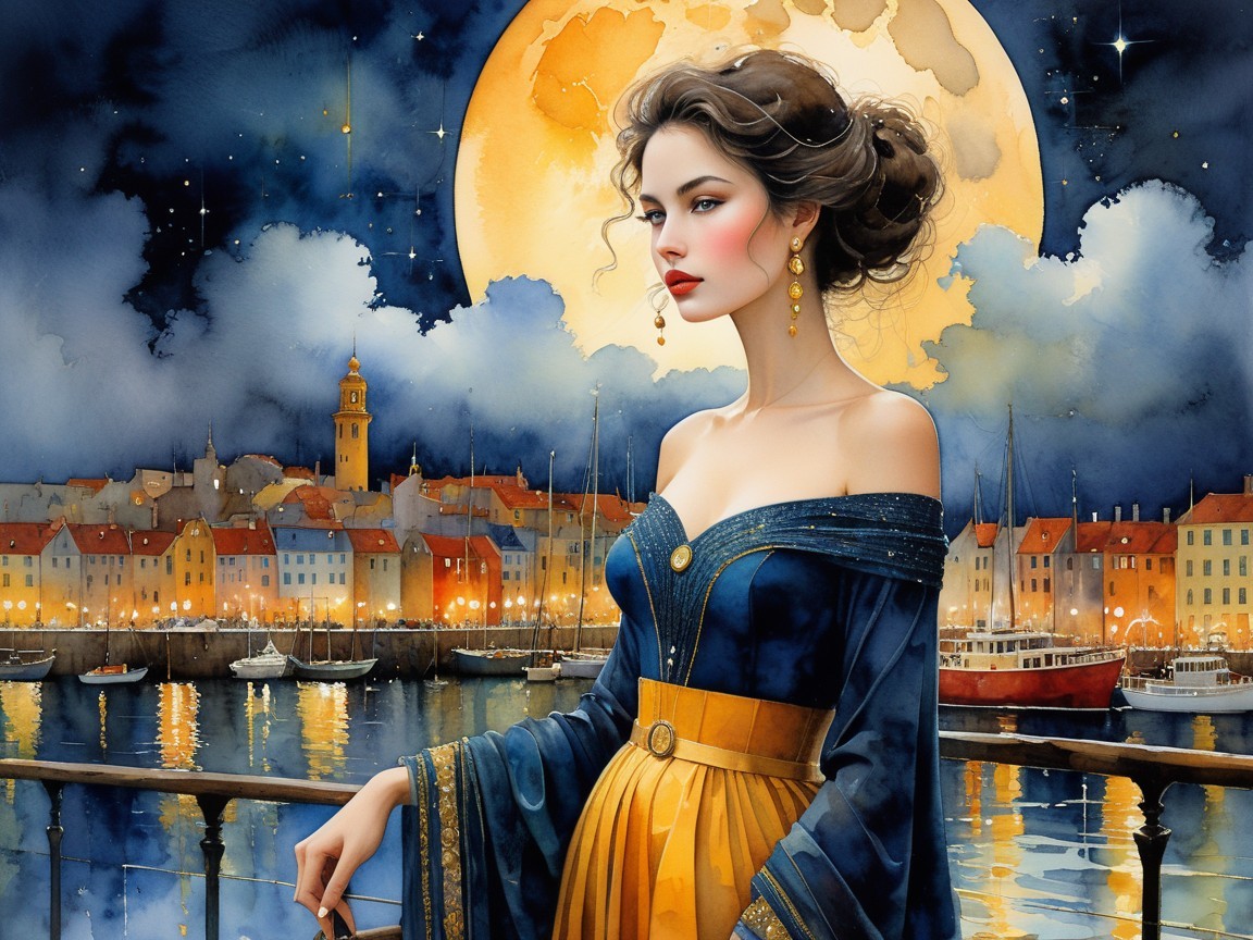 Elegant Woman in Off-Shoulder Gown by Moonlit Waterfront