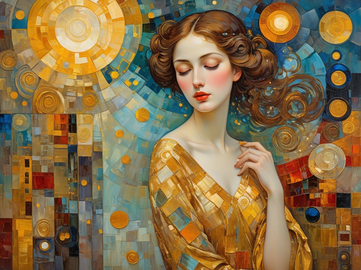 Serene Woman in Golden Robe with Abstract Background