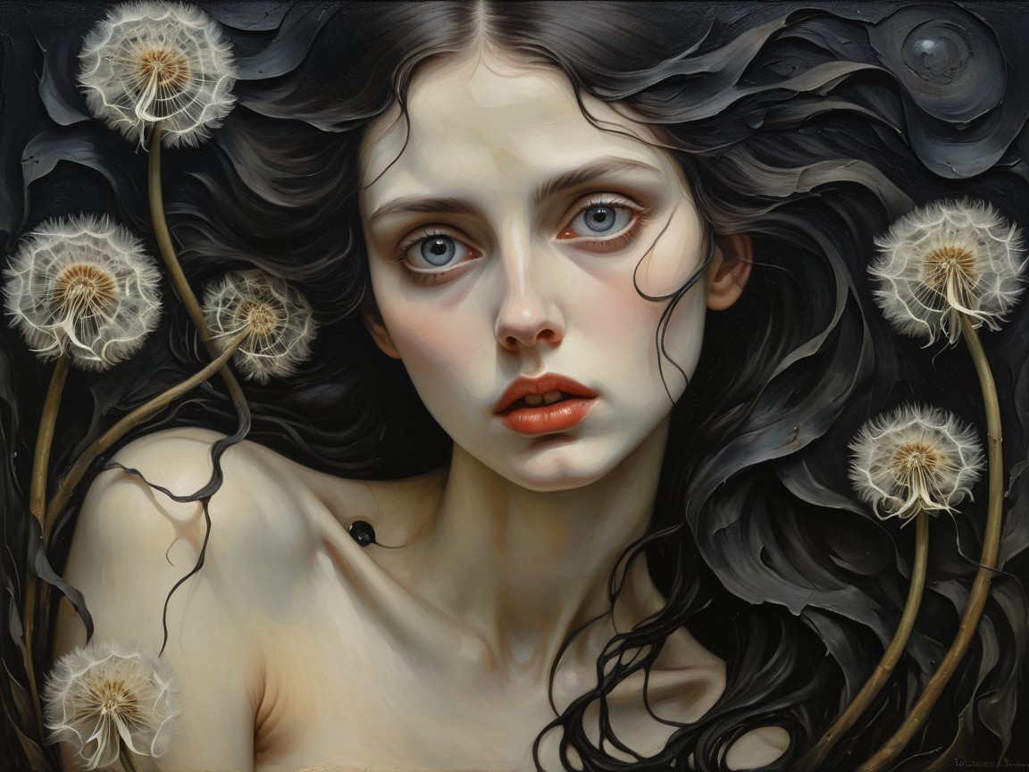 Portrait of a Young Woman with Black Hair and Dandelions