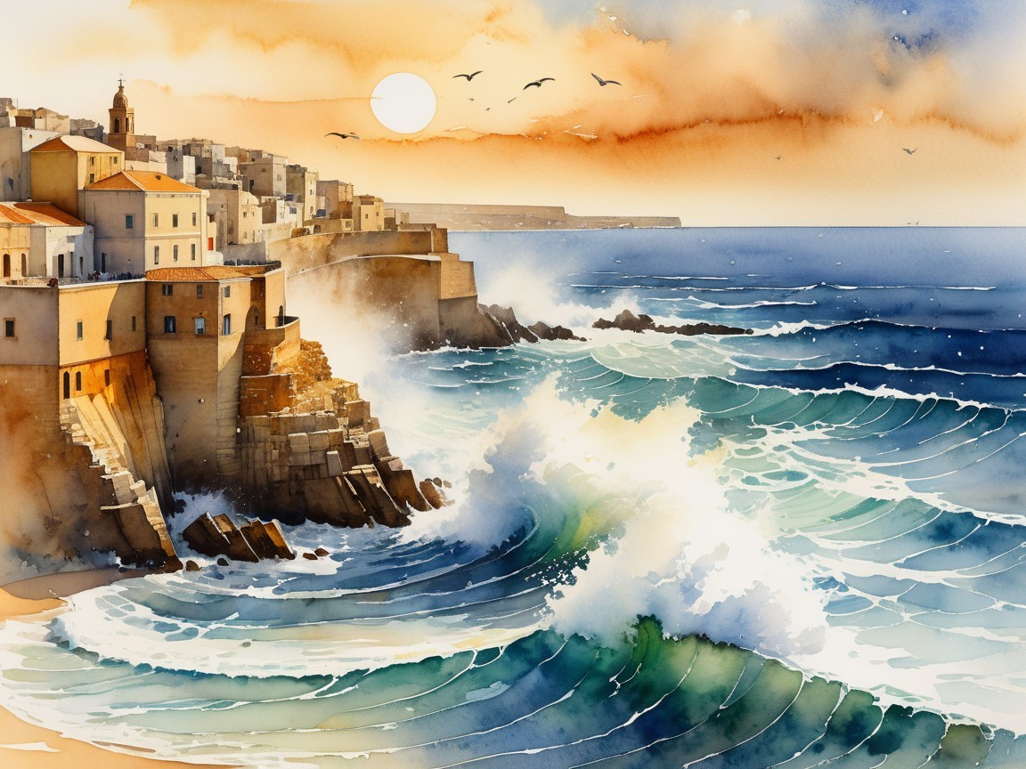 Coastal Scene with Waves, Cliffs, and Village at Sunset