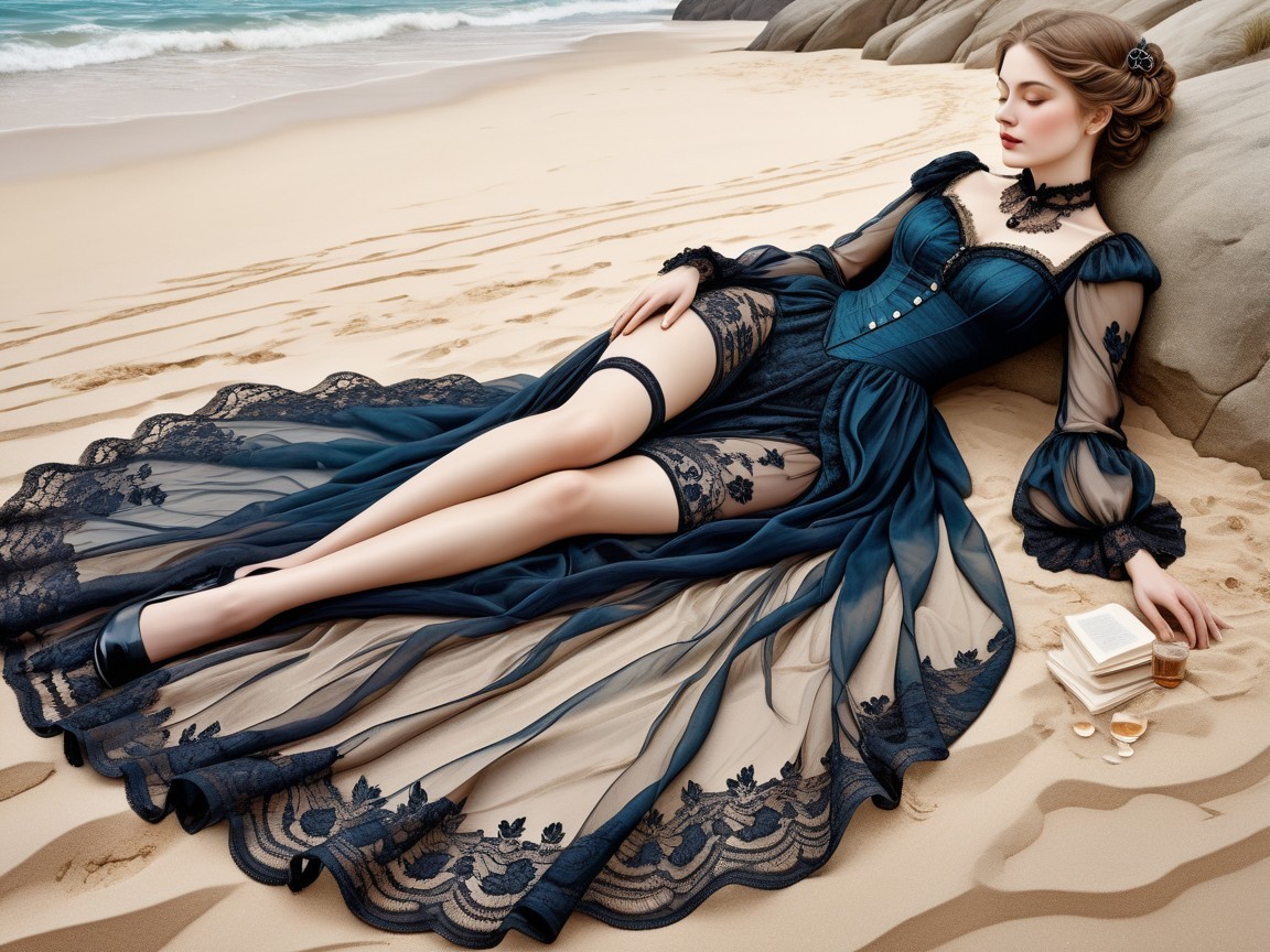Elegant Woman in Blue Gown on Sandy Beach