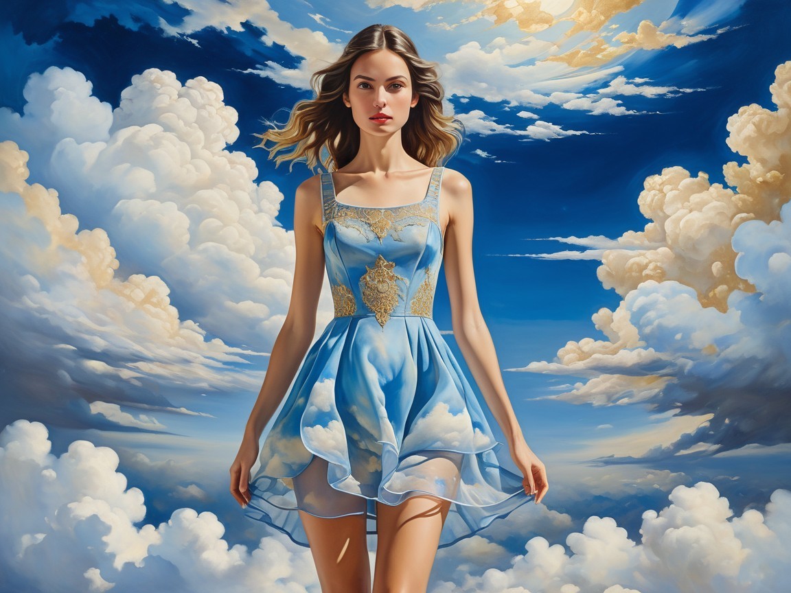 Woman in Sky-Blue Dress Against Dreamy Sky Background