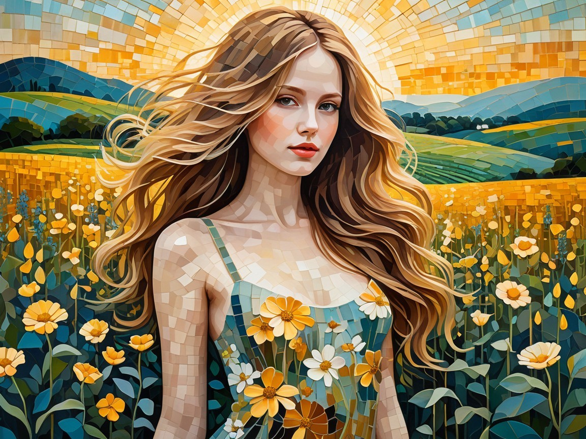 Mosaic Artwork of Woman in Yellow Flower Field