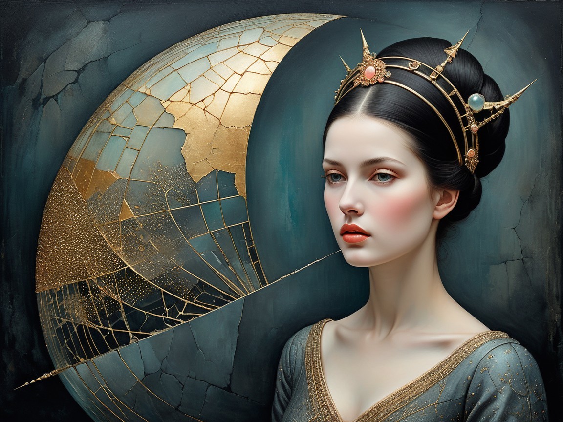 Regal Woman with Crown and Crescent Moon Background