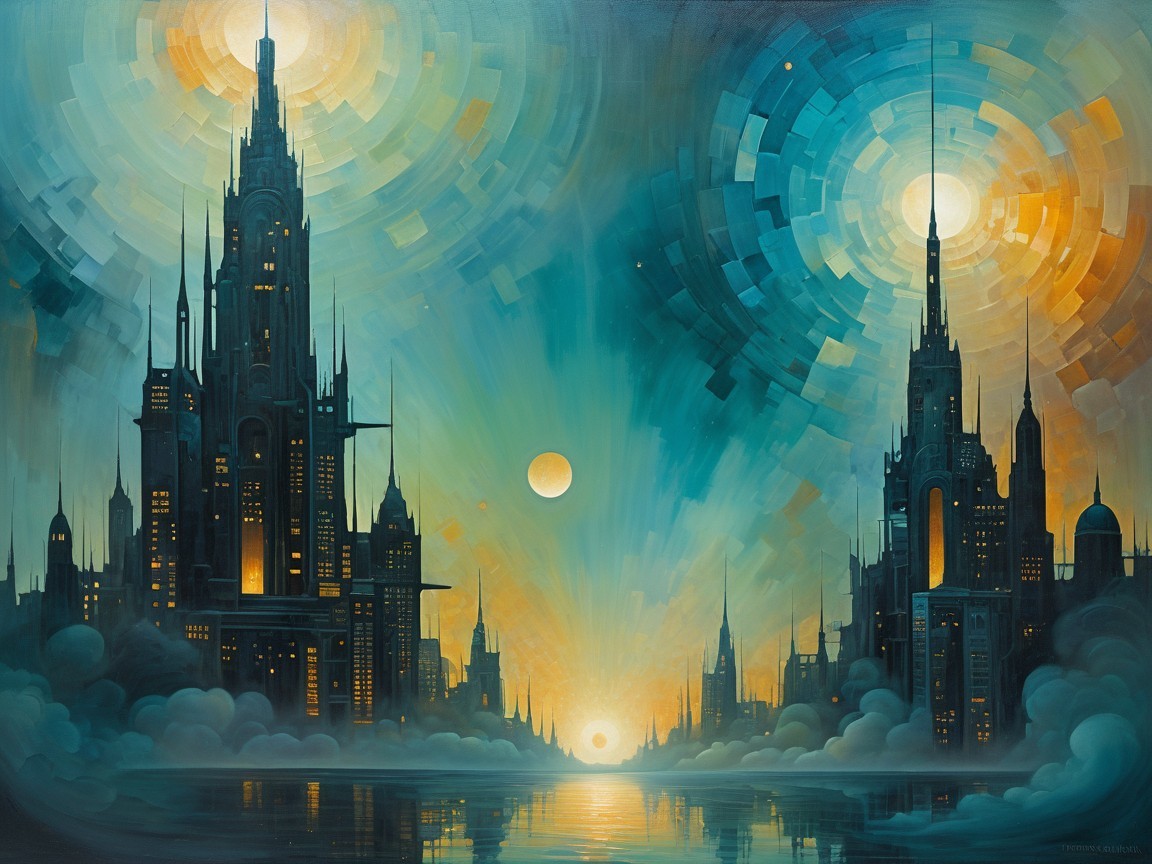 Surreal Twilight Cityscape with Gothic Buildings