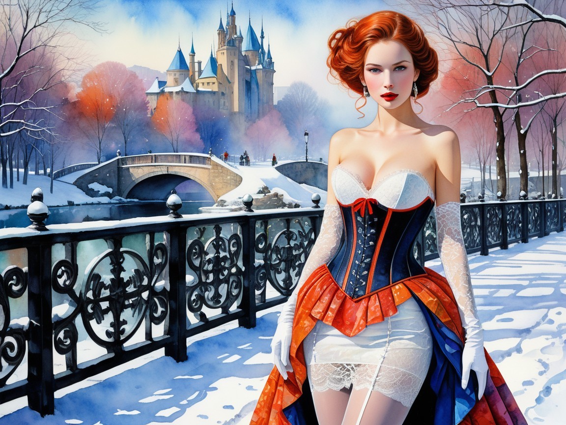 Winter Scene with Woman in Regal Gown by Castle