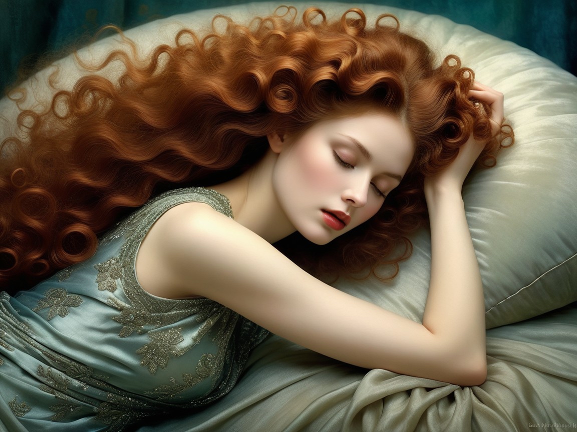 Young woman with red curls resting on a pillow