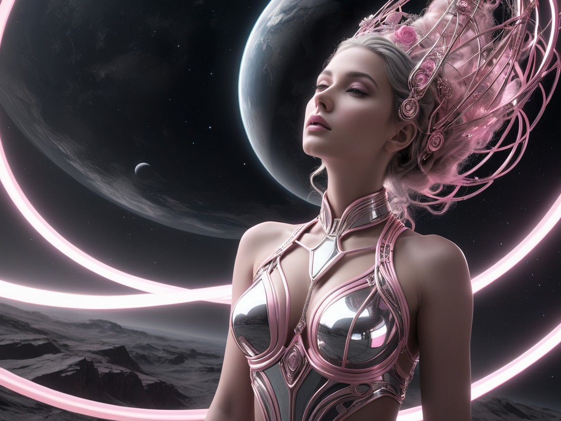 Futuristic figure in metallic fashion against celestial backdrop