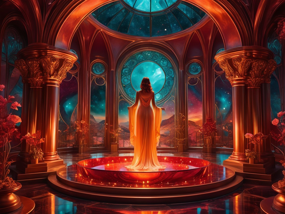 Opulent chamber with cosmic landscape and lush flora