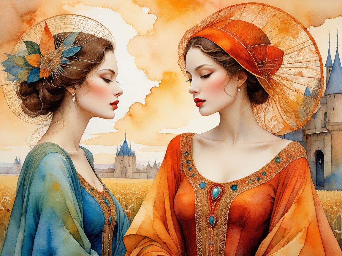 Elegant Women in Vibrant Garments Against Dreamy Backdrop