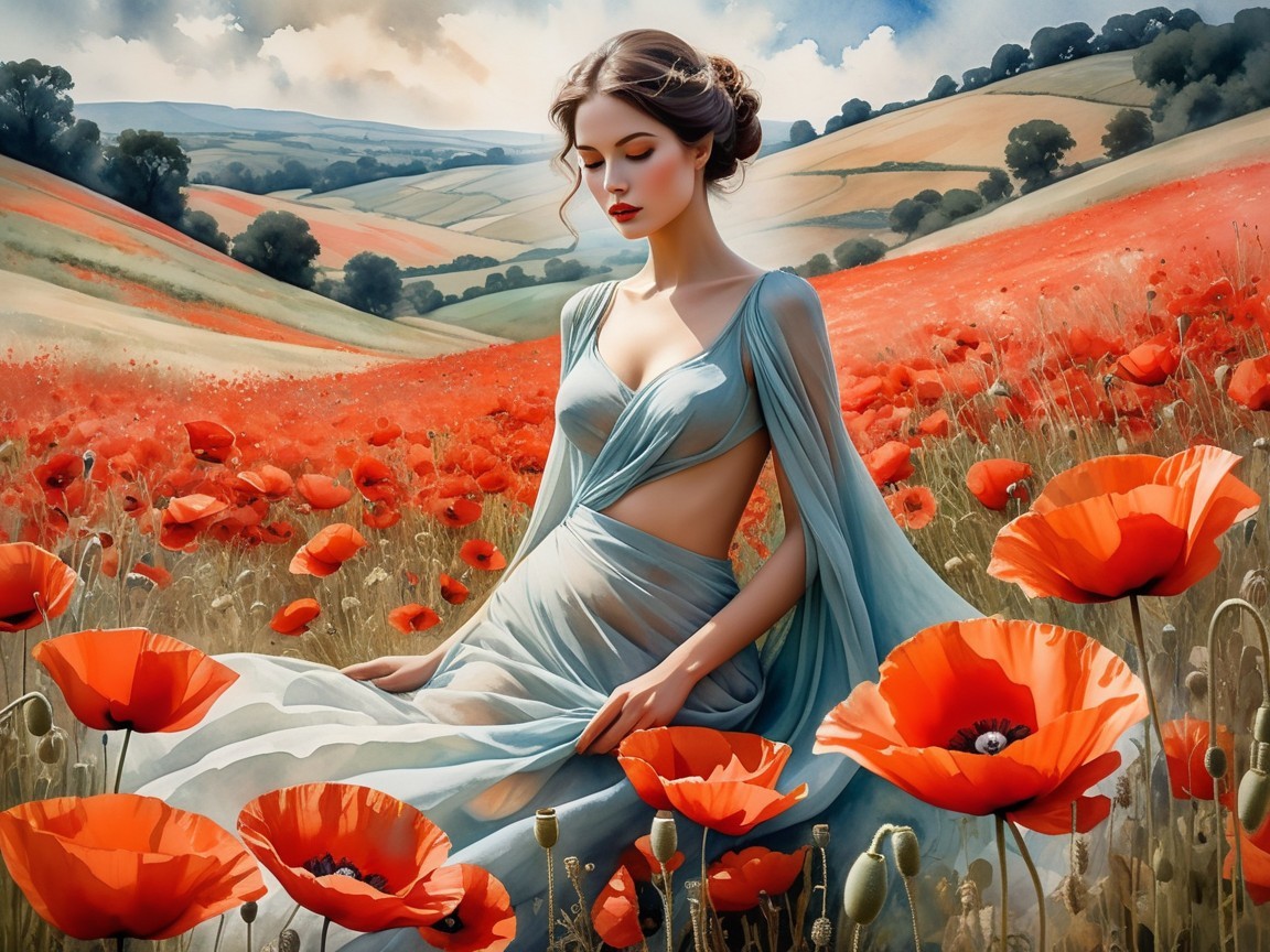 Elegant woman in light blue dress among red poppies