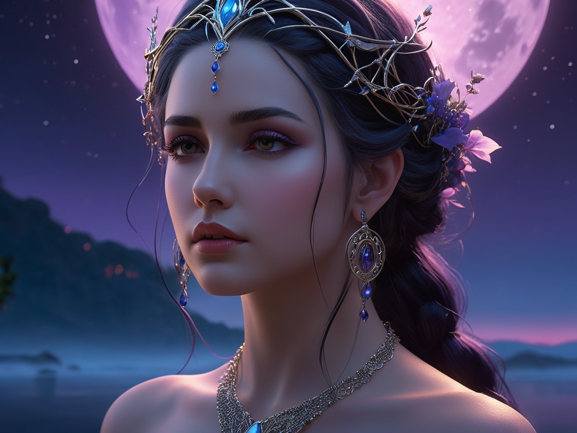 Serene Woman Under Full Moon with Floral Adornments
