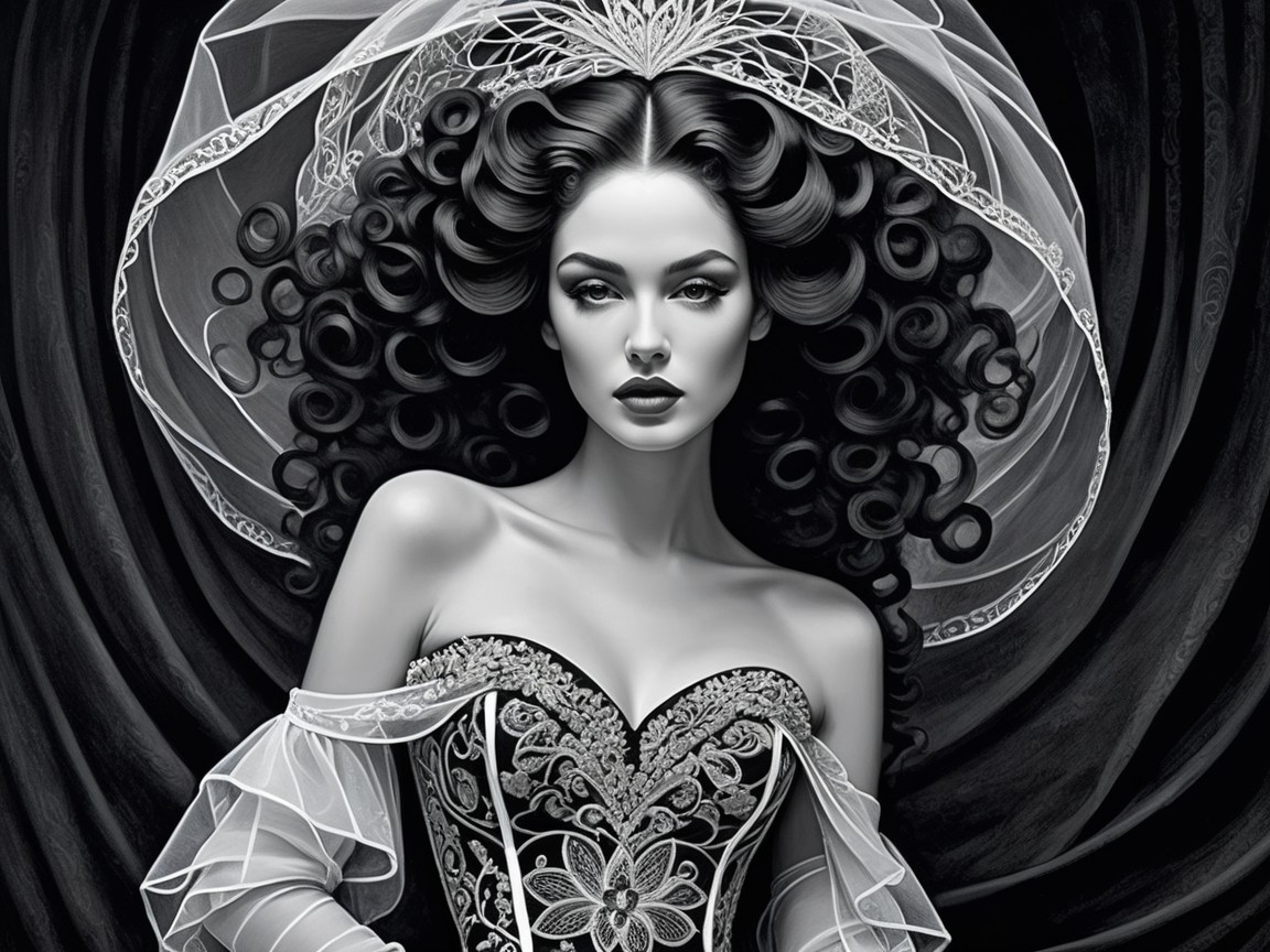 Intricately Designed Corset Gown with Veil and Curls