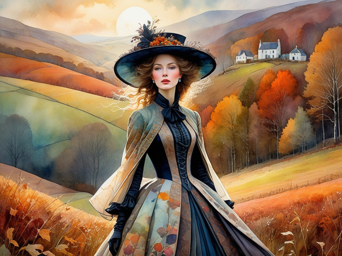 Elegant Woman in Autumn Landscape with Floral Gown