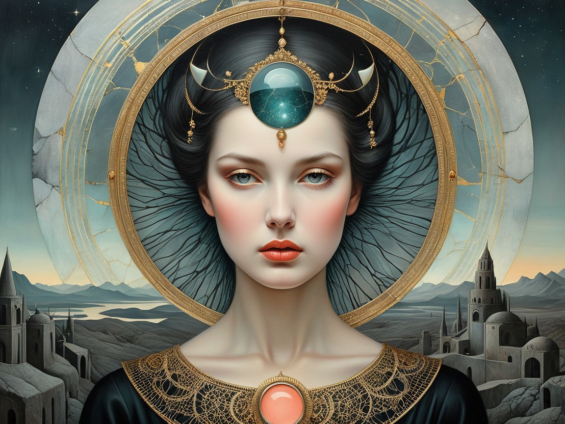 Mystical Portrait of a Woman with Celestial Elements