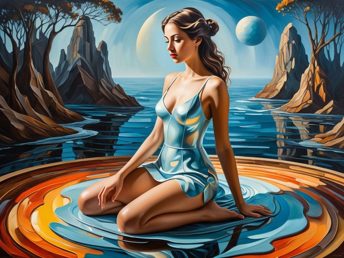 Serene Woman in Blue Dress by Colorful Pool