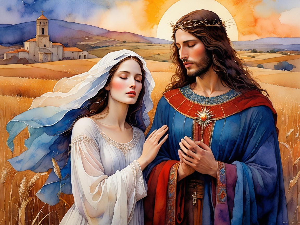 Serene Scene of Figures in a Wheat Field