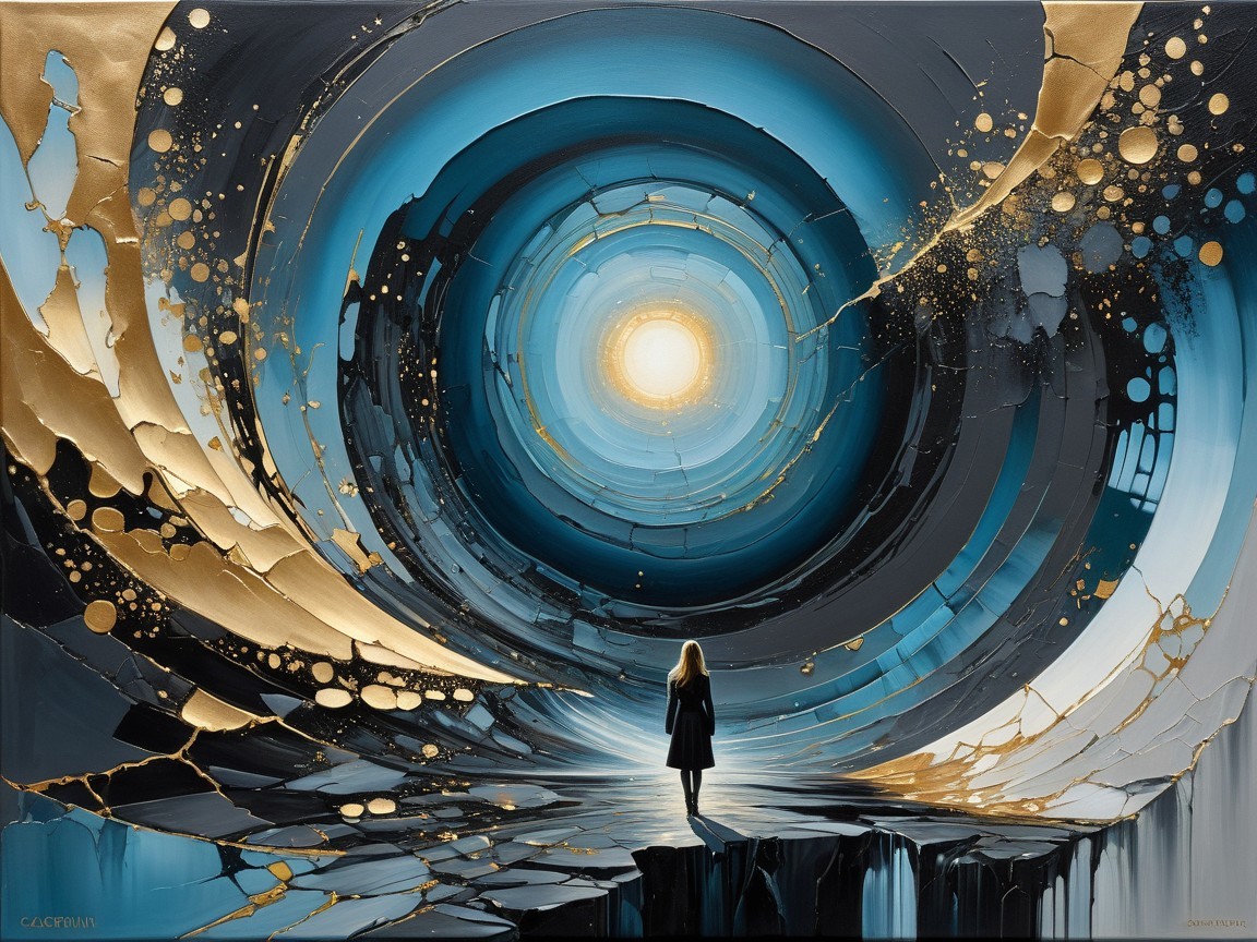 Figure at Vortex of Vibrant Blues and Golds