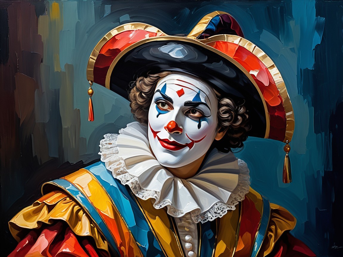 Whimsical Clown in Vibrant Costume and Cheerful Makeup