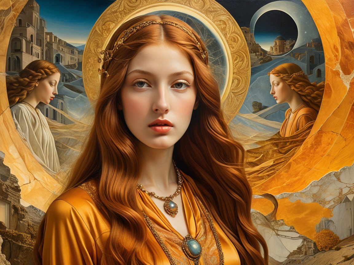 Young Woman in Golden Garment Amidst Mystical Landscape