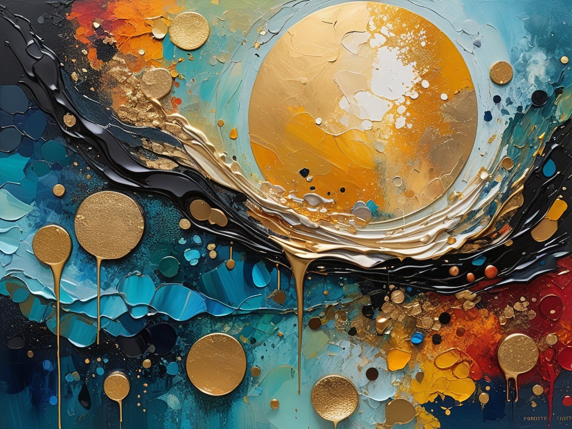 Vibrant Abstract Artwork with Blue and Gold Elements