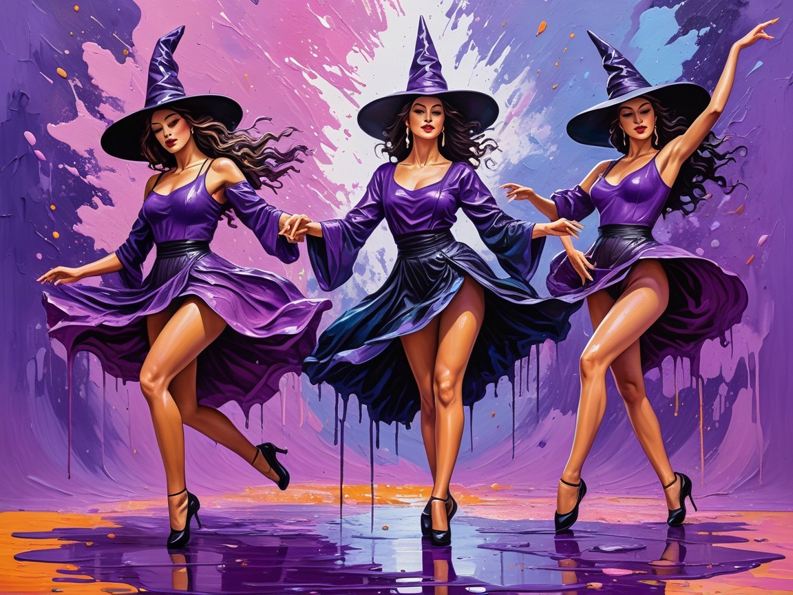 Witches in Purple Dresses Celebrate Halloween Magic