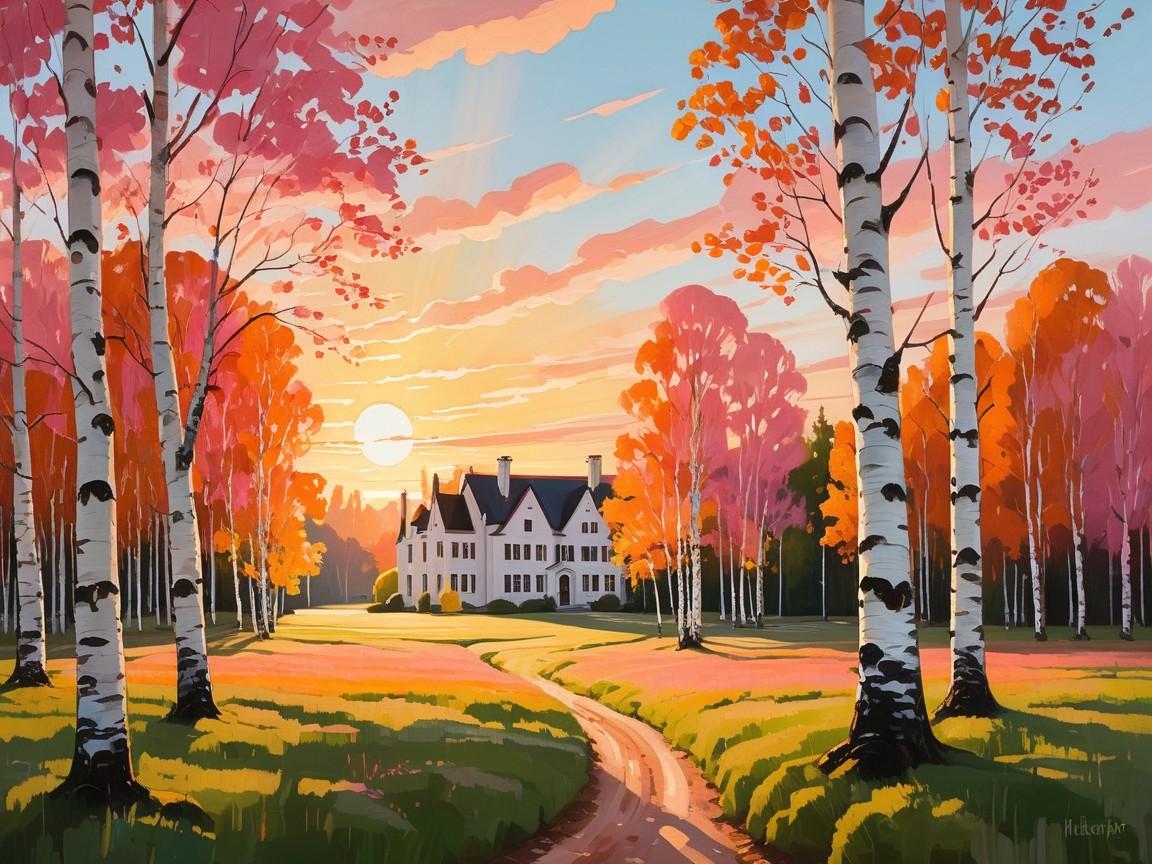 Autumn Landscape with White Mansion and Birch Trees