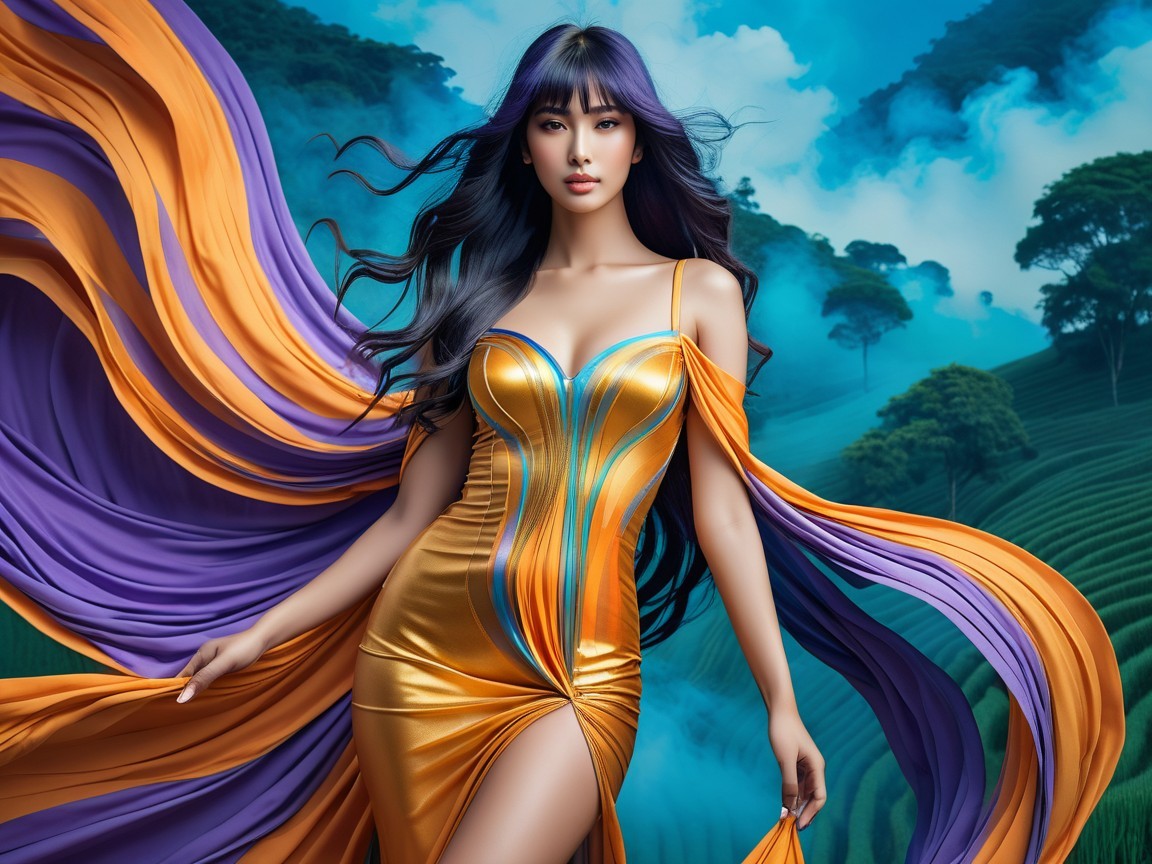 Model in flowing orange and purple fabrics on hills
