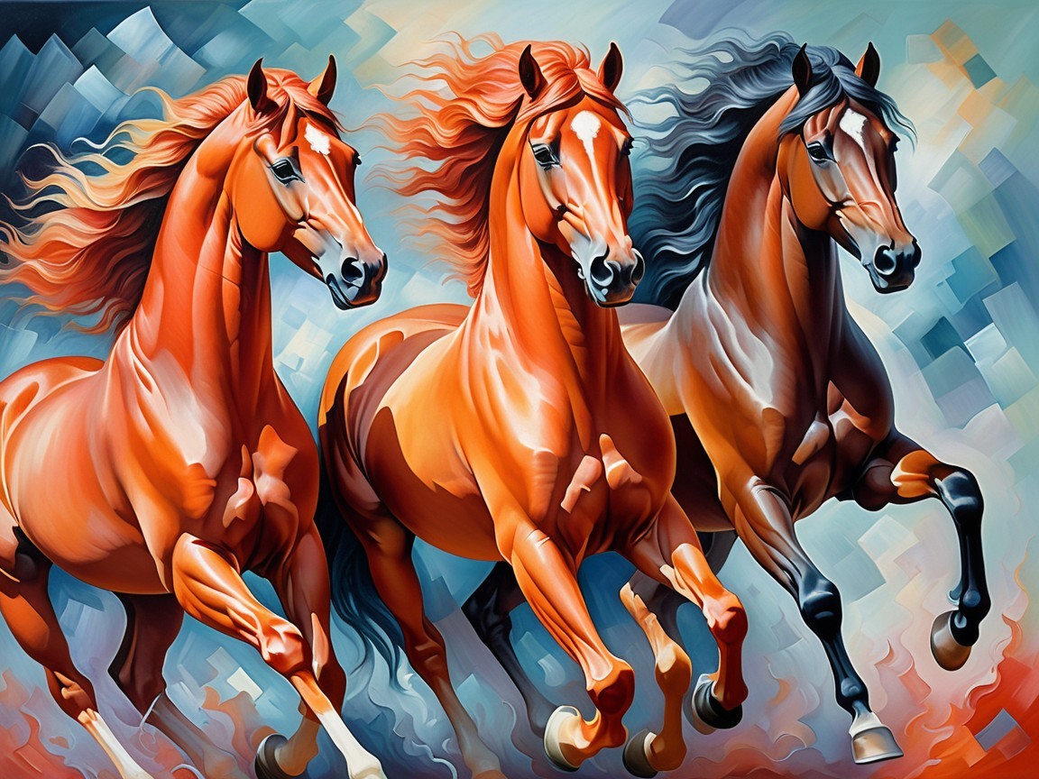 Abstract Depiction of Three Running Horses in Motion