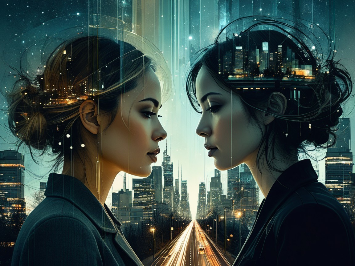 Women in Profile Against Cityscape at Night