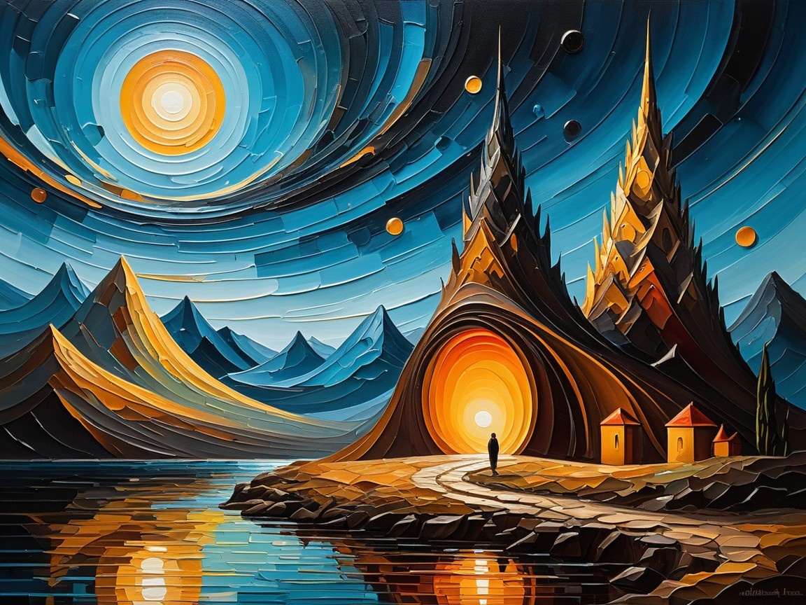 Surreal Landscape with Vibrant Skies and Tranquil Waterway