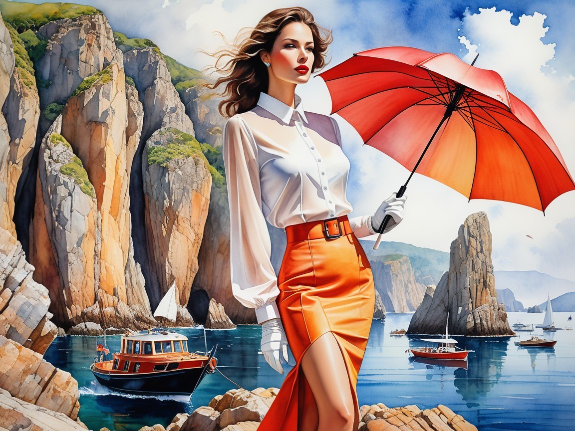 Elegant Woman with Red Umbrella at Rocky Shoreline