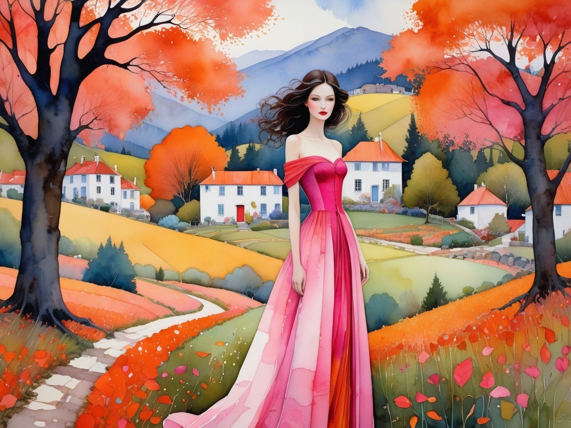 Serene landscape with woman in pink gown and autumn trees