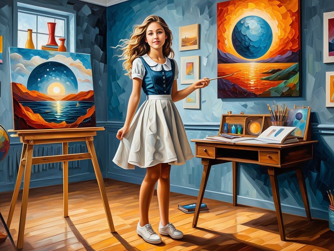Young Girl in Art Studio with Landscape Painting