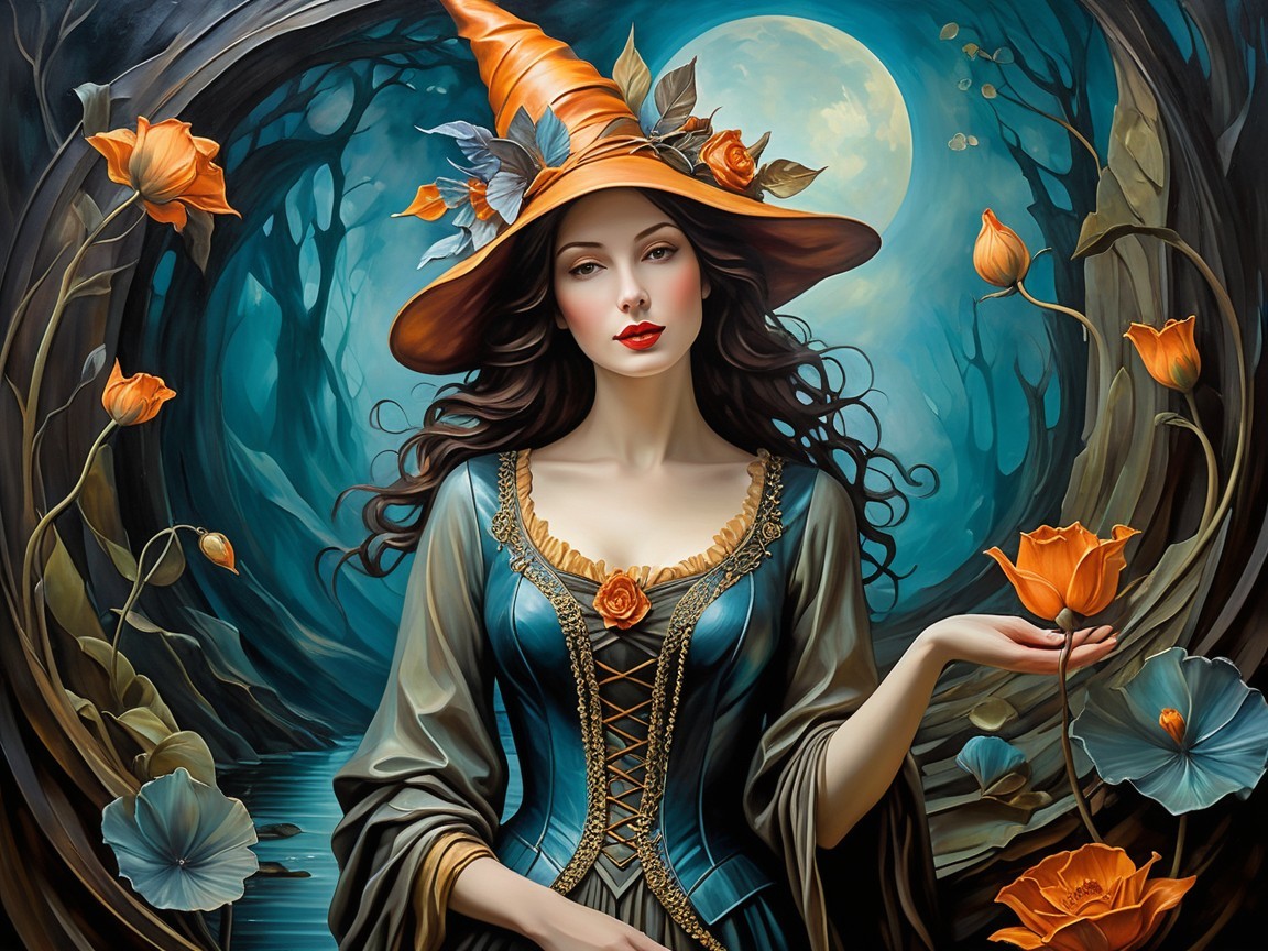 Mystical witch in a dreamlike forest at night