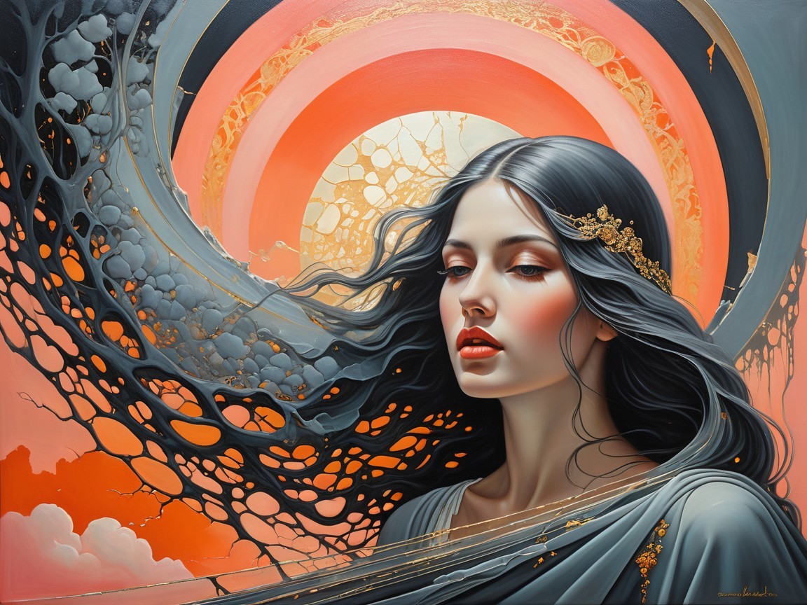Portrait of a woman with dark hair and golden headpiece