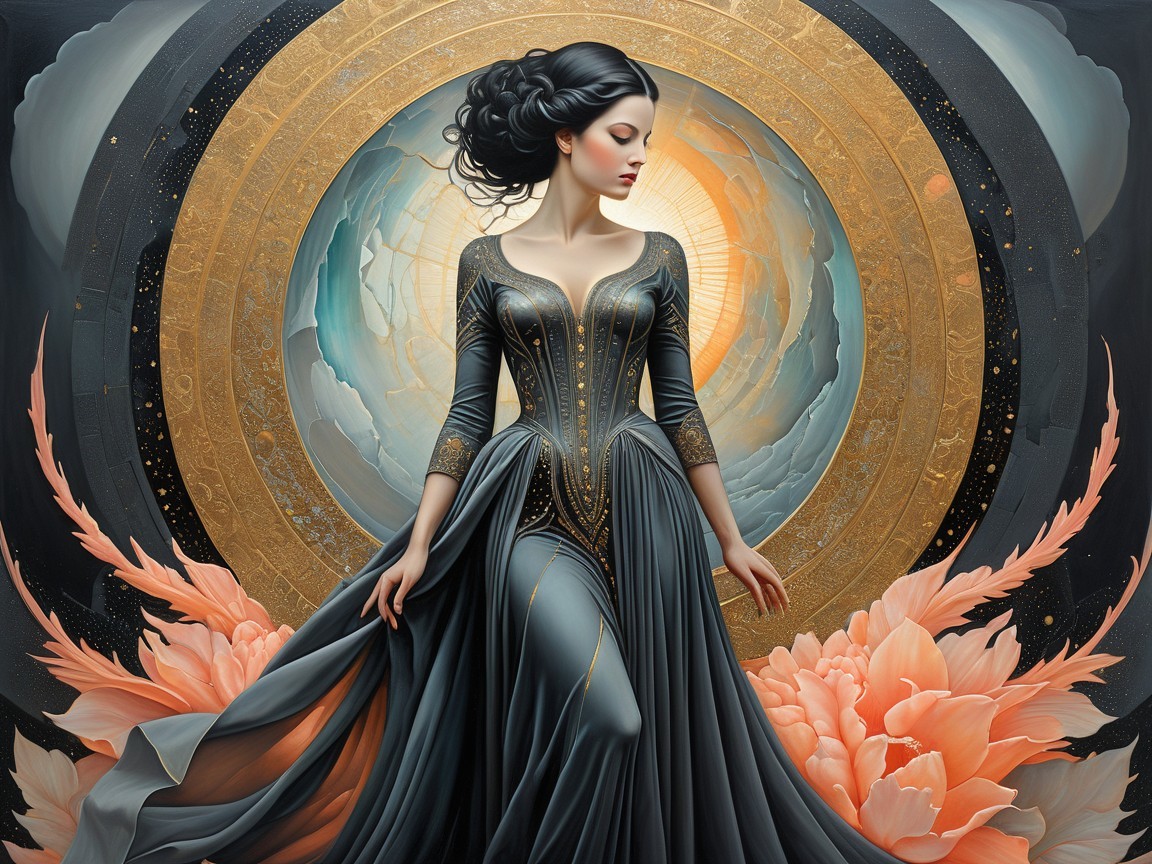 Elegant Woman in Black Gown Against Pastel Background