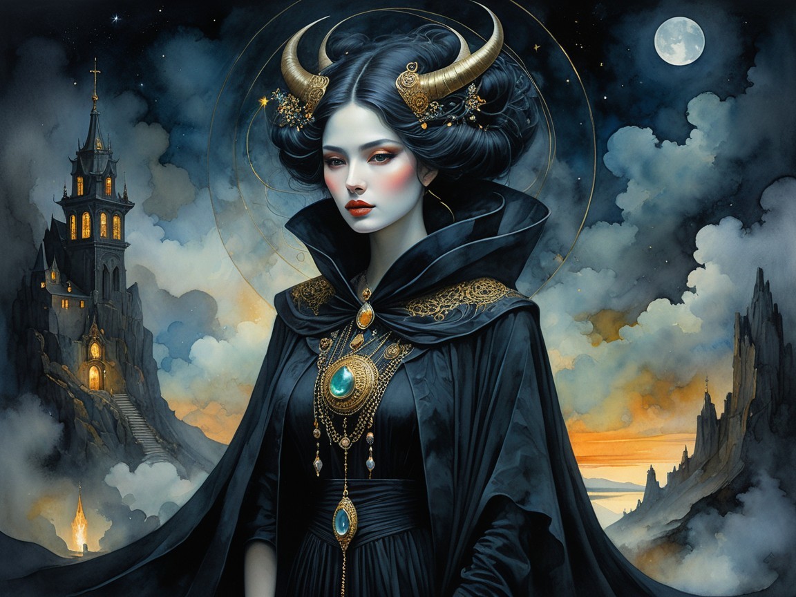 Mystical Figure with Cloak and Castle Under Moonlight