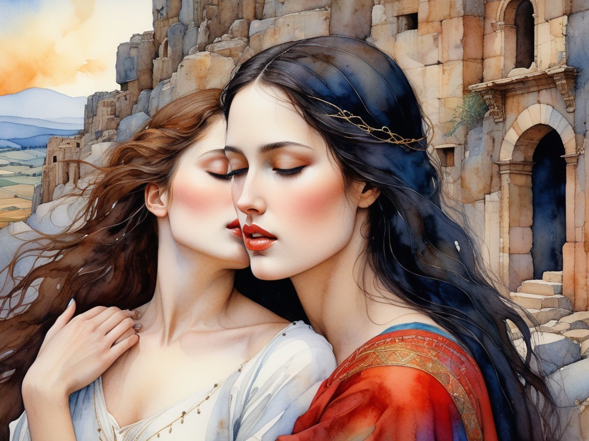 Ethereal Women Embracing in Ancient Ruins Setting