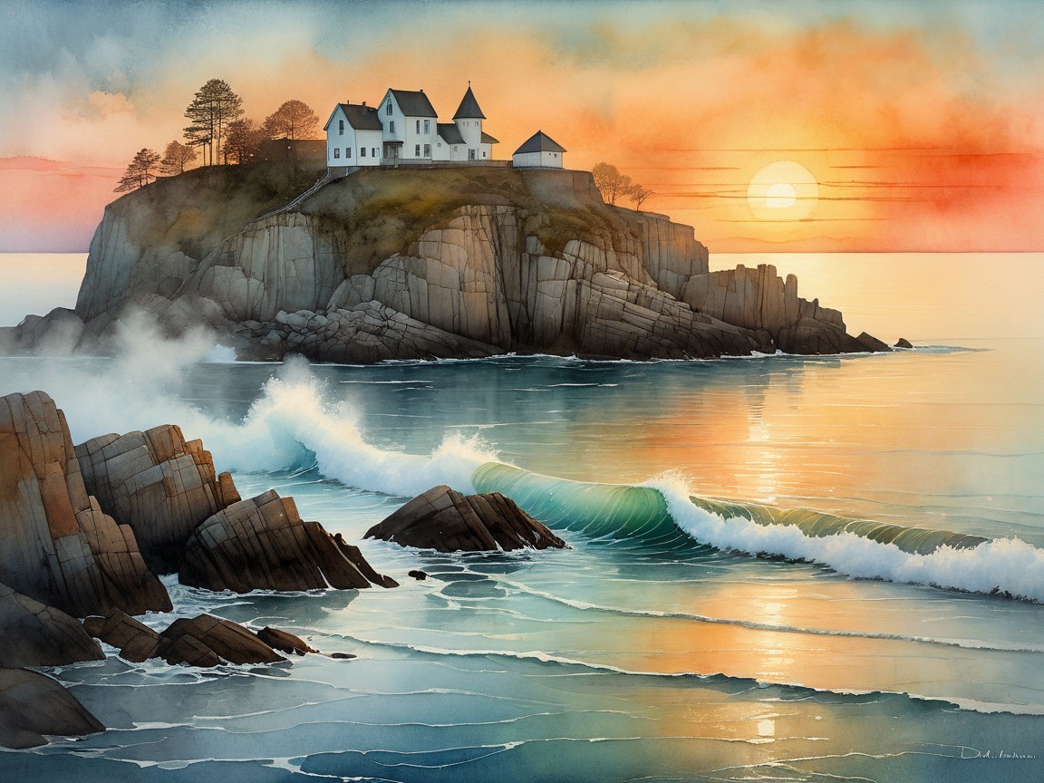Coastal Sunset Scene with House and Tranquil Waters