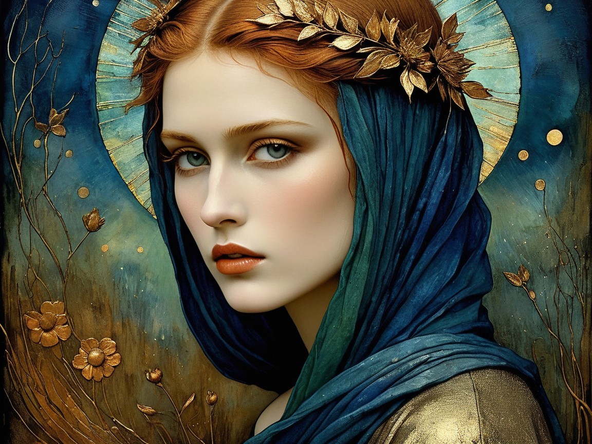 Portrait of a Young Woman with Leaf Crown and Halo