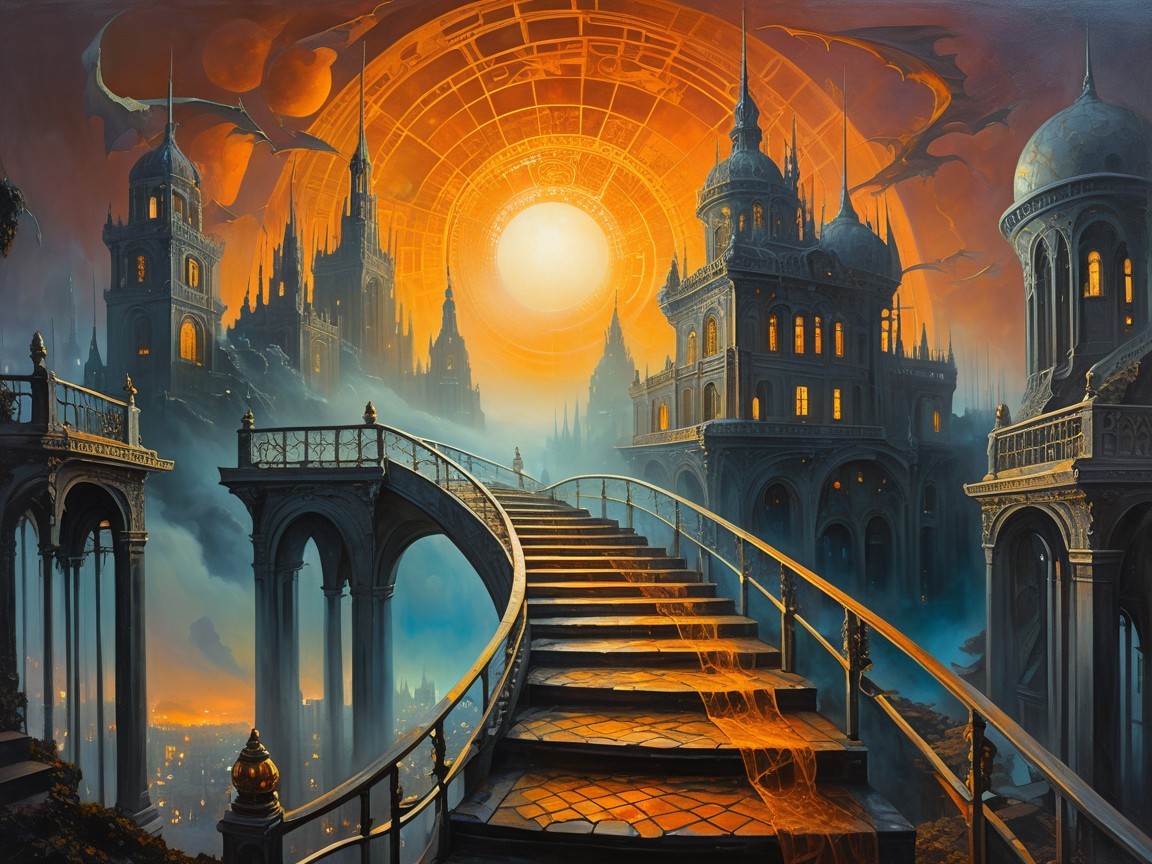 Fantasy Landscape with Grand Stone Staircase and Bridge