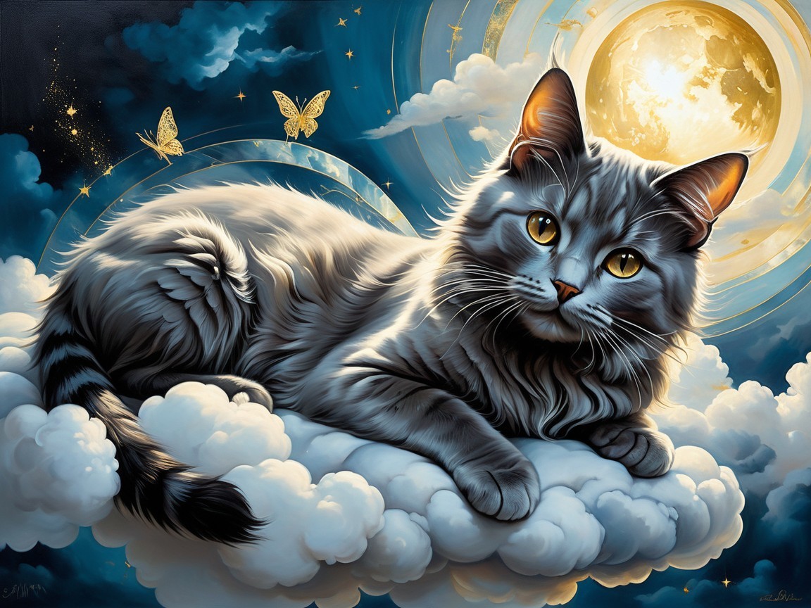 Gray Cat on Cloud Under Moonlit Sky with Butterflies