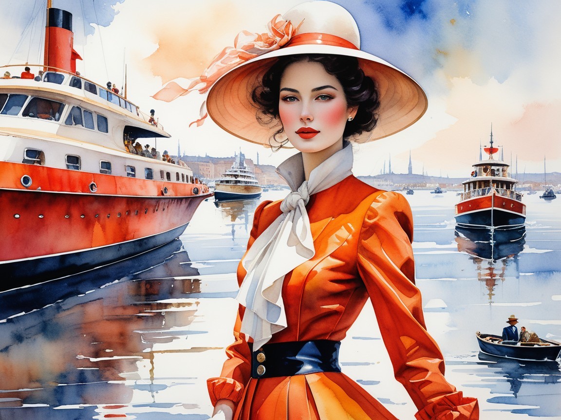 Glamorous Woman in Orange Dress by Marina with Boats