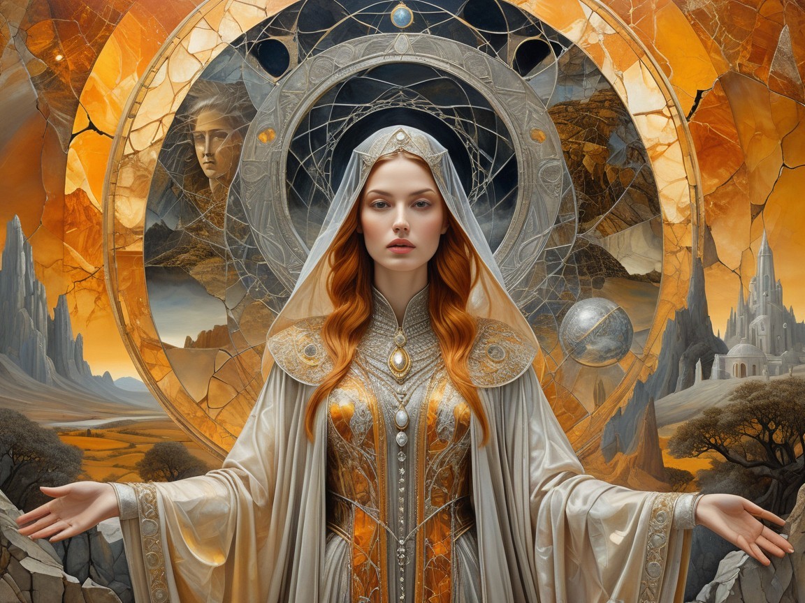 Regal figure in ornate gown amid mystical landscape