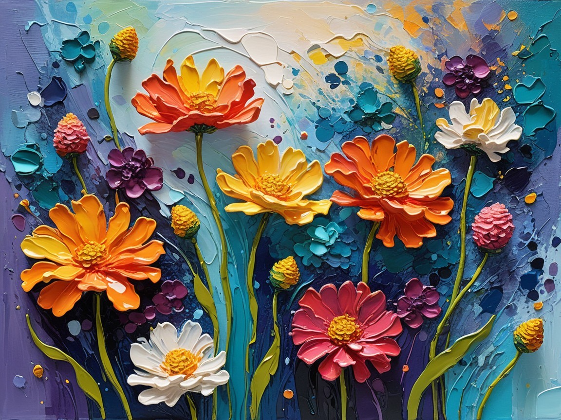 Vibrant Impasto Painting of a Flower Field